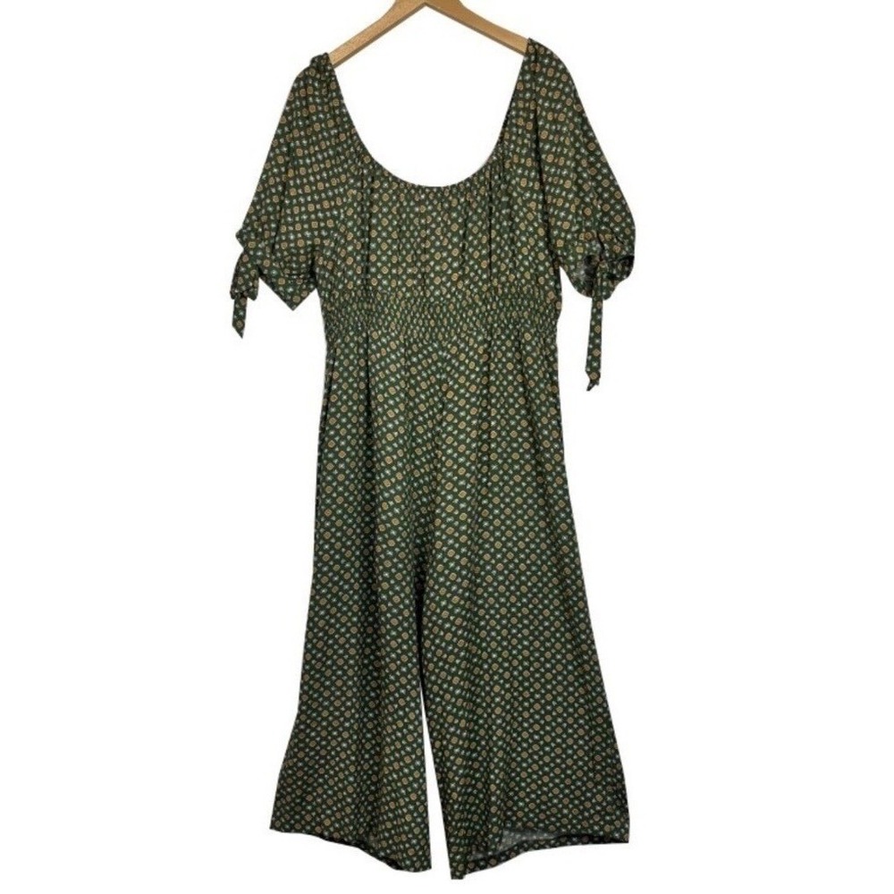 AUW Women's Olive Green Gold Floral Print Wide Leg Crop Jumpsuit Rayon Sz 3X - Picture 2 of 16